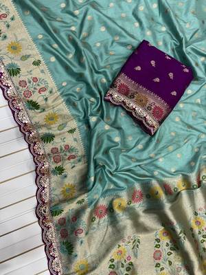 Aqua Color Flowing Pure Dola Silk Saree 3