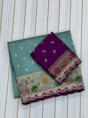 Aqua Color Flowing Pure Dola Silk Saree 4