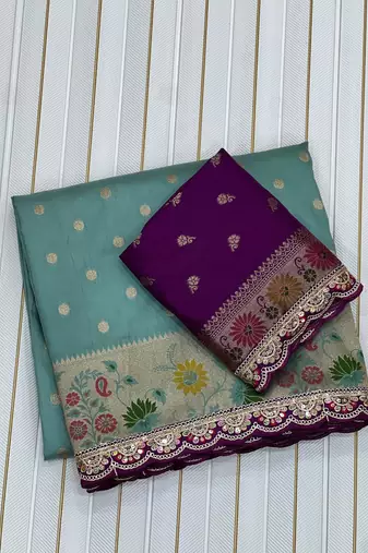 Aqua Color Flowing Pure Dola Silk Saree