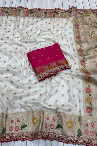 White Color Flowing Pure Dola Silk Saree