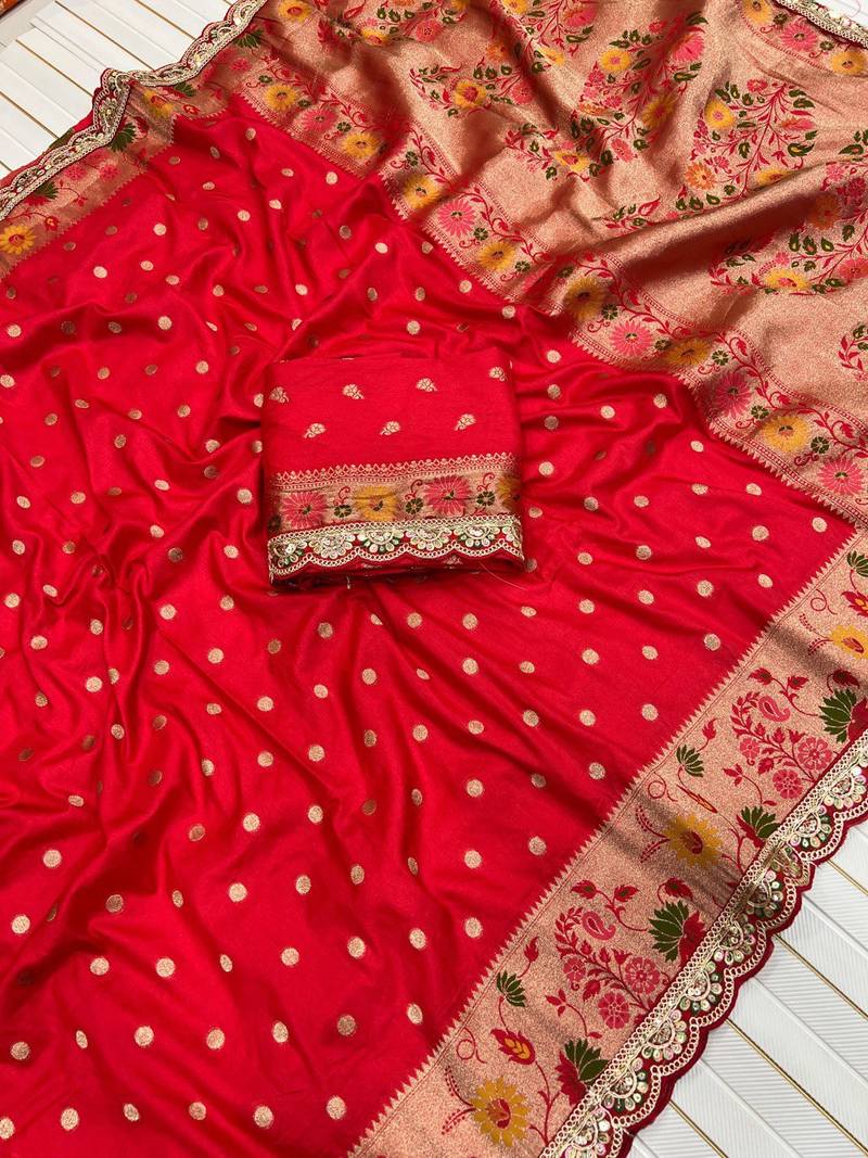 Red Color Flowing Pure Dola Silk Saree