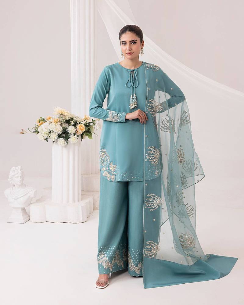 Sky Blue crepe silk pink top-bottom and dupatta set stitched