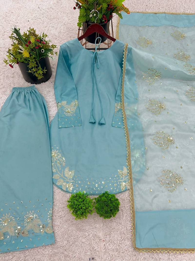 Sky Blue crepe silk pink top-bottom and dupatta set stitched
