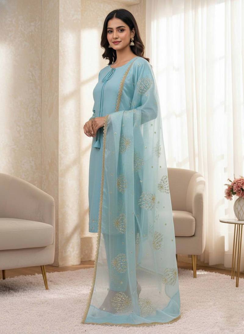 Sky Blue crepe silk pink top-bottom and dupatta set stitched