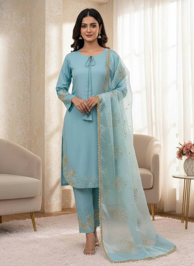 Sky Blue crepe silk pink top-bottom and dupatta set stitched