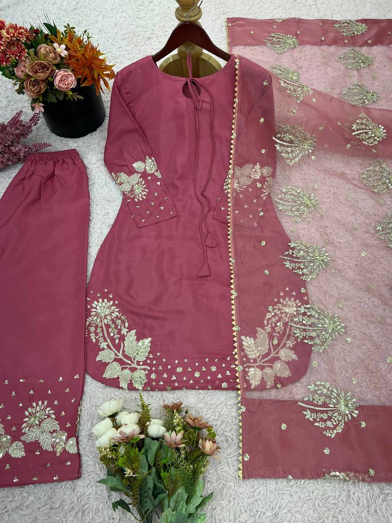 Pink Crepe Silk pink Top-Bottom and Dupatta Set