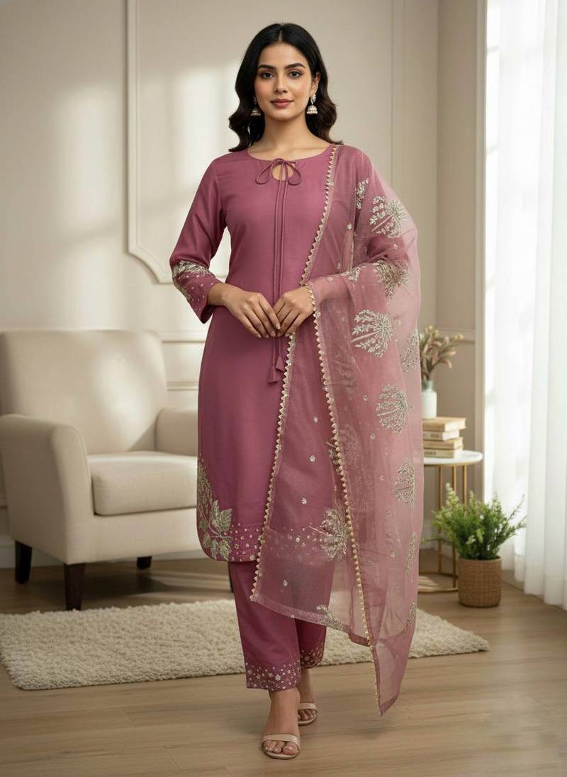 Pink Crepe Silk pink Top-Bottom and Dupatta Set