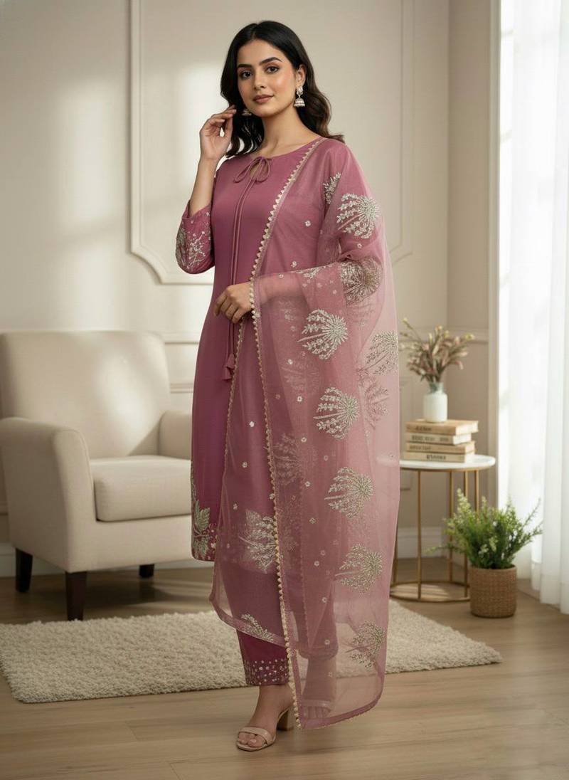 Pink Crepe Silk pink Top-Bottom and Dupatta Set