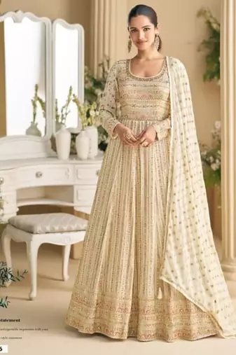 Off white georgette full stitched free size upto 42 heavy embroidery wedding gowns