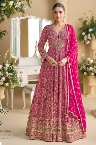 Pink georgette full stitched free size upto 42 heavy embroidery wedding gowns