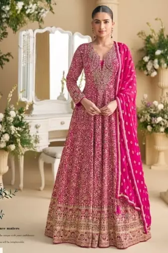 Pink georgette full stitched free size upto 42 heavy embroidery wedding gowns