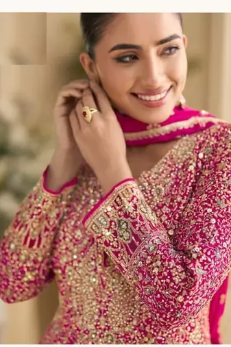 pink georgette embroidered gown-Full Stitched Free size