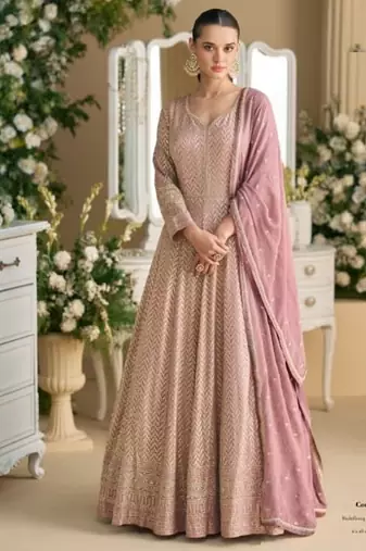 Light purple georgette full stitched free size upto 42 heavy embroidery wedding gowns