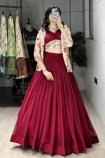 Maroon Color  Plain Foil Work Heavy Gorgette Lehenga Fully Stitched Blouse & Koti full stitched free size