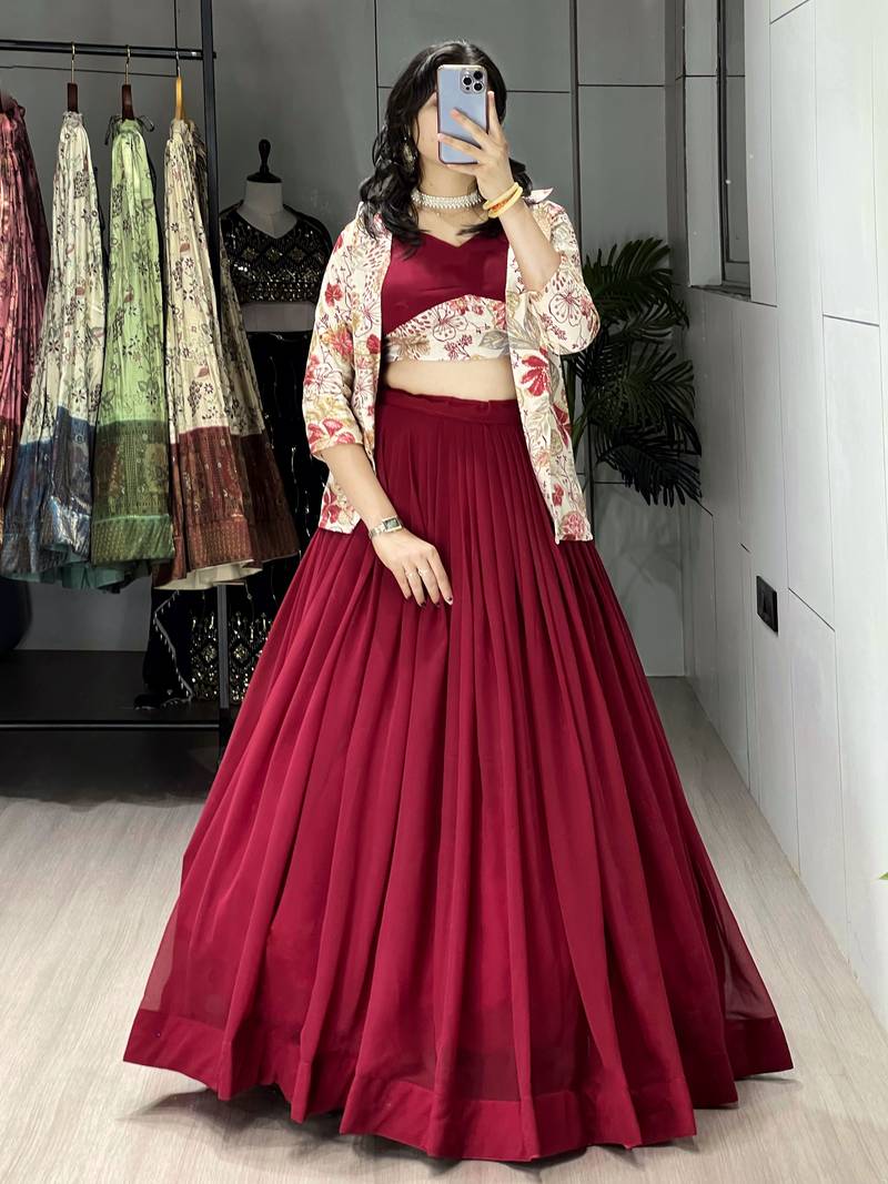 Maroon Color  Plain Foil Work Heavy Gorgette Lehenga Fully Stitched Blouse & Koti full stitched free size