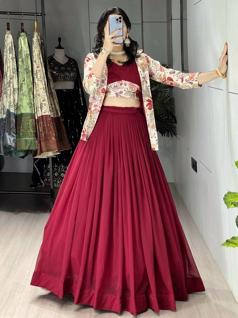 Maroon Color  Plain Foil Work Heavy Gorgette Lehenga Fully Stitched Blouse & Koti full stitched free size