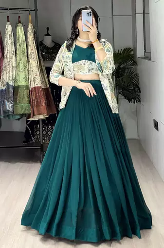 Deep Teal Green Color  Plain Foil Work Heavy Gorgette  Lehenga Fully Stitched Blouse & Koti full stitched free size