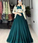 Deep Teal Green Color  Plain Foil Work Heavy Gorgette  Lehenga Fully Stitched Blouse & Koti full stitched free size