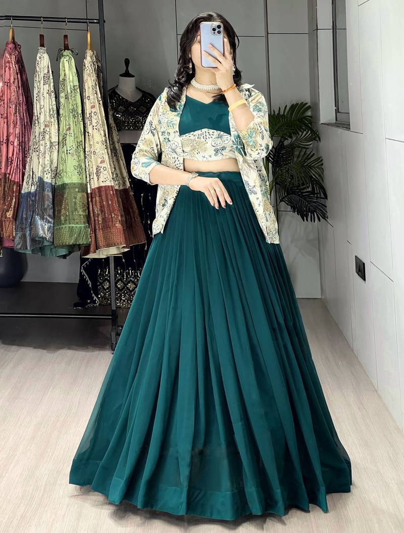 Deep Teal Green Color  Plain Foil Work Heavy Gorgette  Lehenga Fully Stitched Blouse & Koti full stitched free size