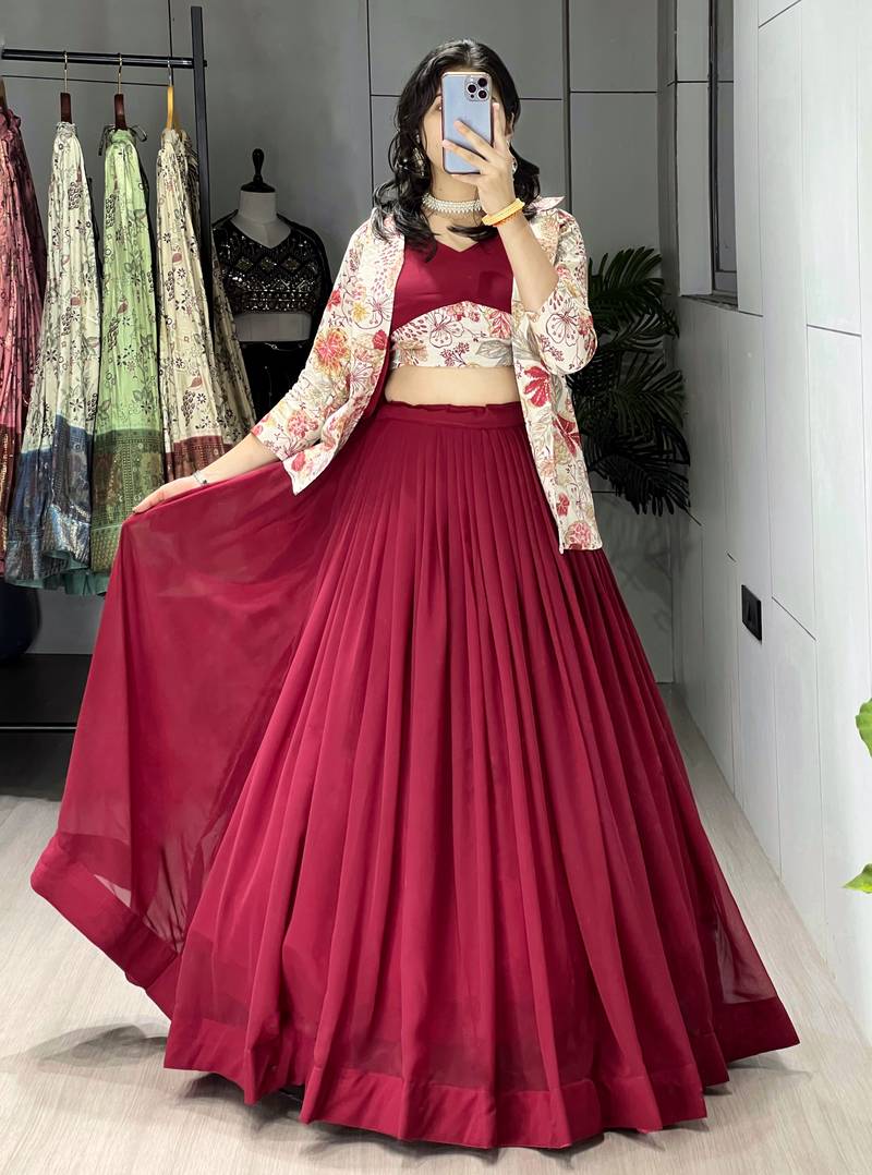 Maroon Color  Plain Foil Work Heavy Gorgette Lehenga Fully Stitched Blouse & Koti full stitched free size