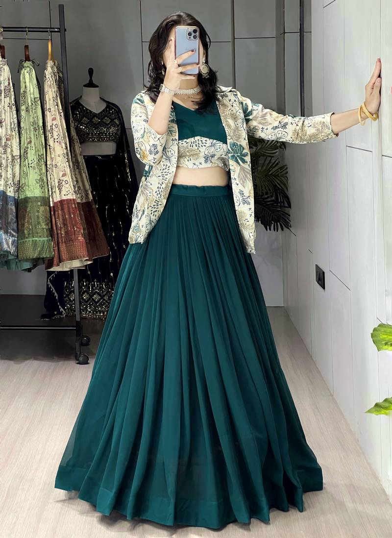 Deep Teal Green Color  Plain Foil Work Heavy Gorgette  Lehenga Fully Stitched Blouse & Koti full stitched free size