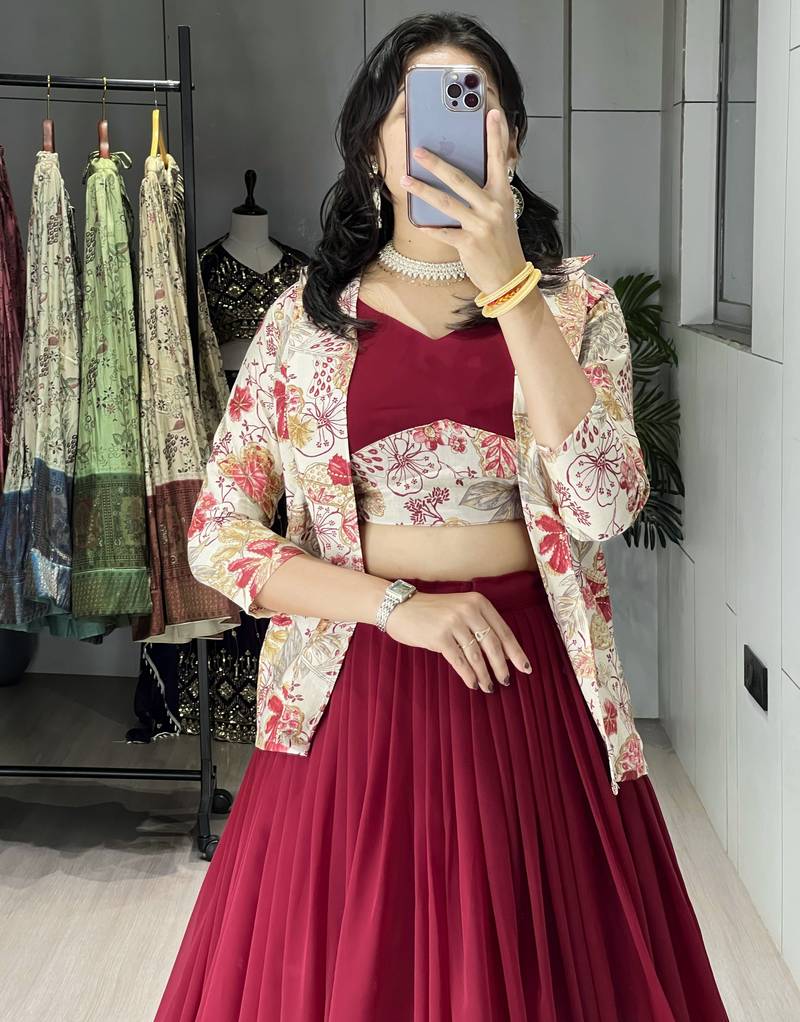 Maroon Color  Plain Foil Work Heavy Gorgette Lehenga Fully Stitched Blouse & Koti full stitched free size