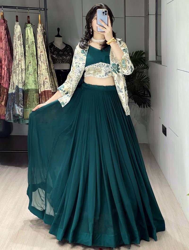 Deep Teal Green Color  Plain Foil Work Heavy Gorgette  Lehenga Fully Stitched Blouse & Koti full stitched free size