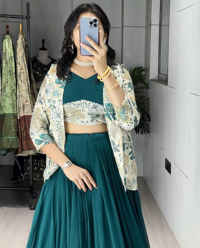 Deep Teal Green Color  Plain Foil Work Heavy Gorgette  Lehenga Fully Stitched Blouse & Koti full stitched free size