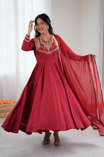 Red anarkali with bottom & dupatta set stitched