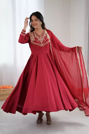 Red anarkali with bottom & dupatta set stitched