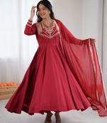 Red anarkali with bottom & dupatta set stitched