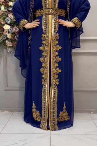 Royal Blue Embroidered Stitched Kaftan with Golden Work & Belt Suited for Every Occasion