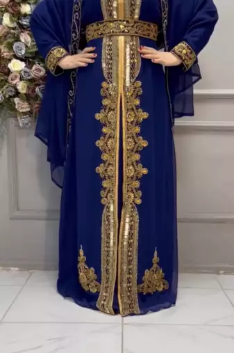 Royal Blue Embroidered Stitched Kaftan with Golden Work & Belt Suited for Every Occasion