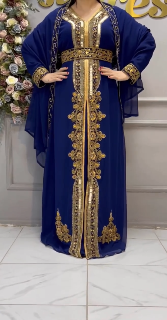 Royal Blue Embroidered Stitched Kaftan with Golden Work & Belt Suited for Every Occasion