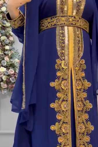 Royal Blue Embroidered Stitched Kaftan with Golden Work & Belt Suited for Every Occasion