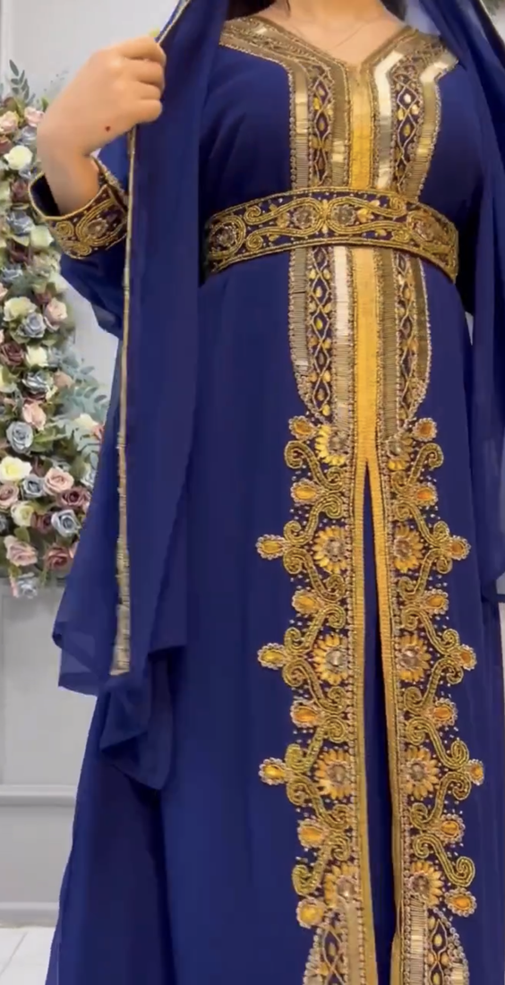 Royal Blue Embroidered Stitched Kaftan with Golden Work & Belt Suited for Every Occasion