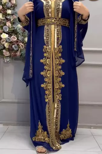 Royal Blue Embroidered Stitched Kaftan with Golden Work & Belt Suited for Every Occasion