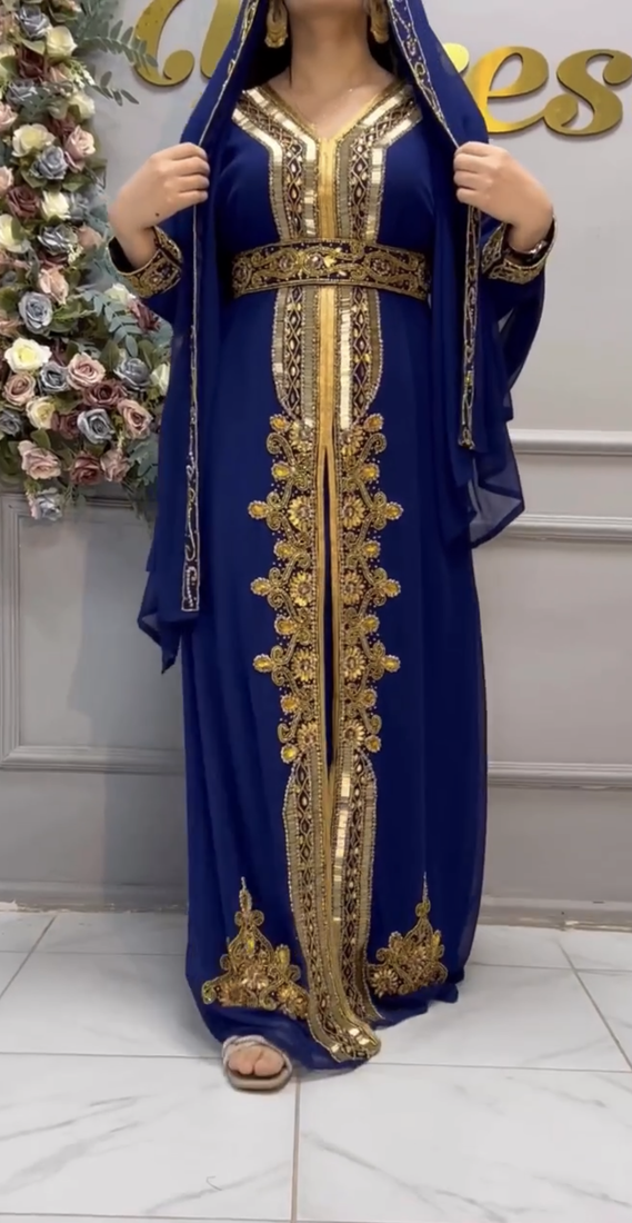 Royal Blue Embroidered Stitched Kaftan with Golden Work & Belt Suited for Every Occasion