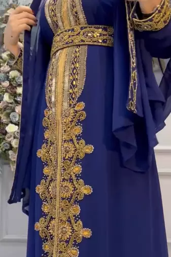 Royal Blue Embroidered Stitched Kaftan with Golden Work & Belt Suited for Every Occasion