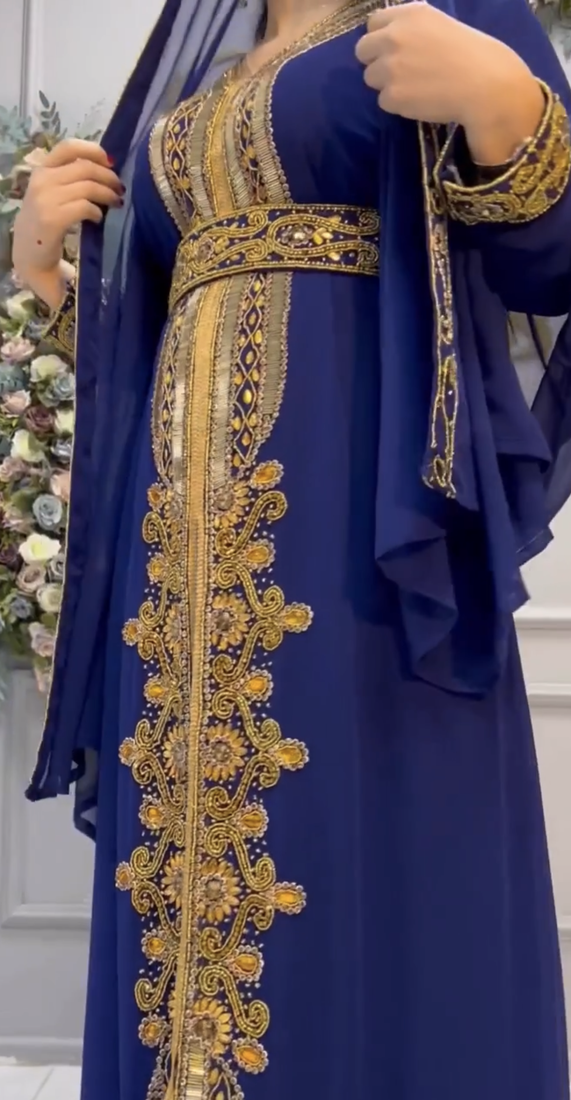 Royal Blue Embroidered Stitched Kaftan with Golden Work & Belt Suited for Every Occasion
