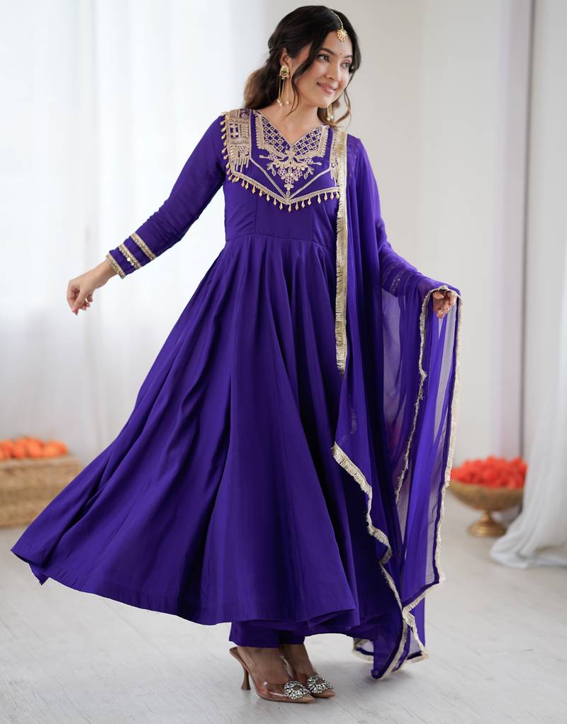 Purple embroidered Anarkali suit set