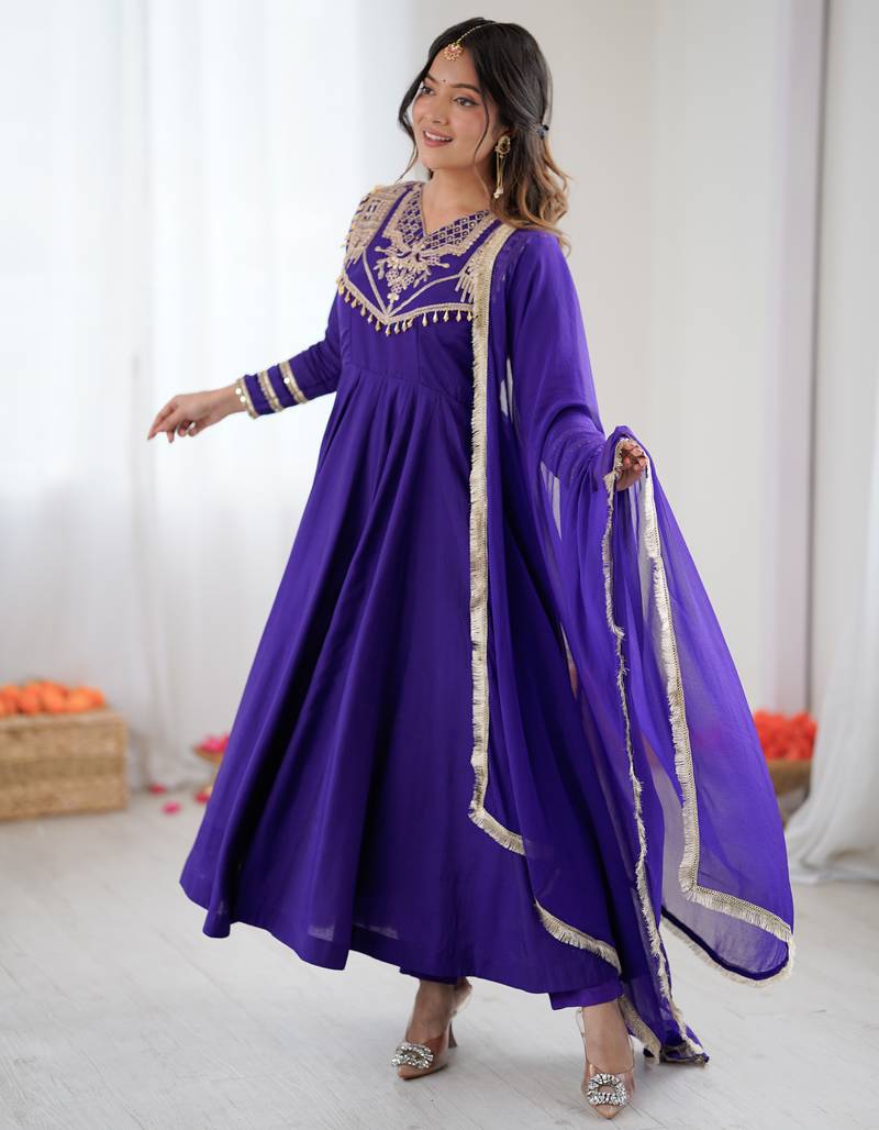 Purple embroidered Anarkali suit set