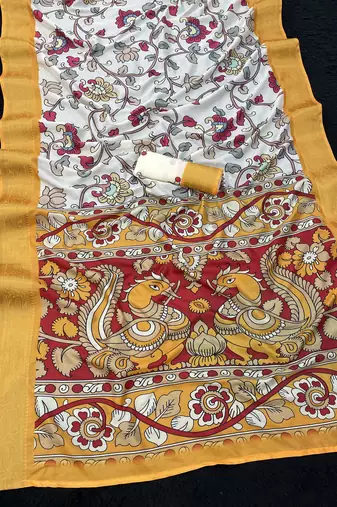 white color  kalamkari printed soft dola art silk  saree with unstitched blouse