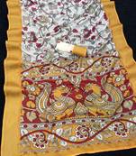white color  kalamkari printed soft dola art silk  saree with unstitched blouse