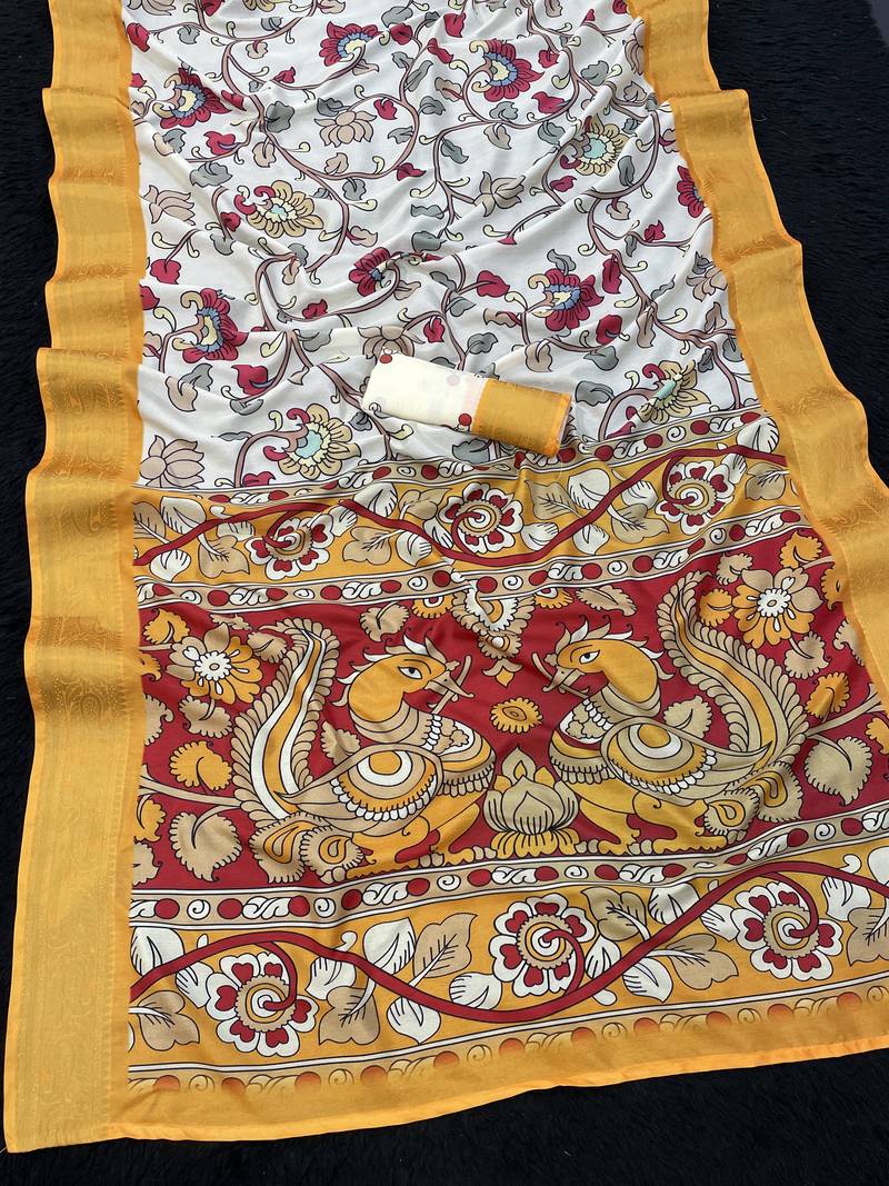 white color  kalamkari printed soft dola art silk  saree with unstitched blouse