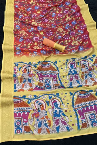 red color  kalamkari printed soft dola art silk  saree with unstitched blouse