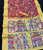 red color  kalamkari printed soft dola art silk  saree with unstitched blouse
