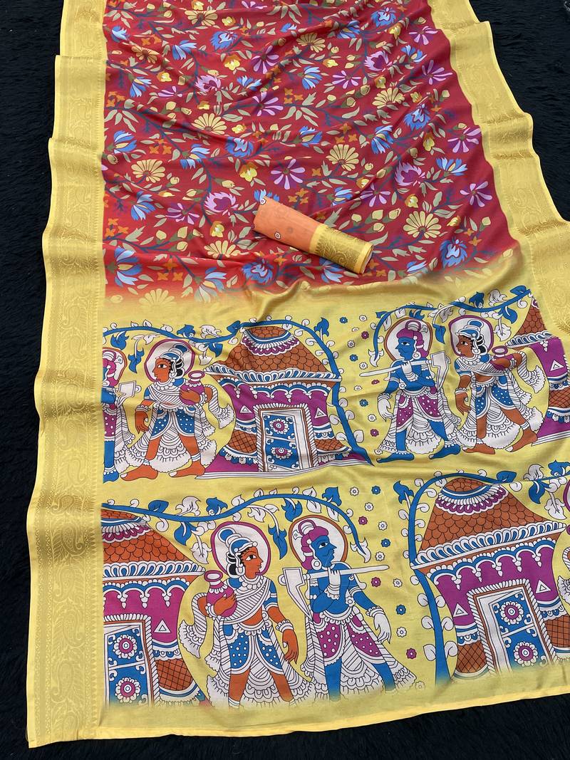 red color  kalamkari printed soft dola art silk  saree with unstitched blouse