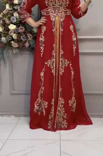 Elegant Red Embroidered Stitched Kaftan with Heavy Front Work & Belt 