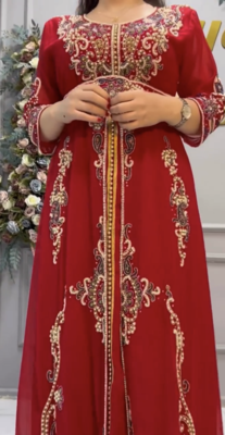 Elegant Red Embroidered Stitched Kaftan with Heavy Front Work & Belt  2